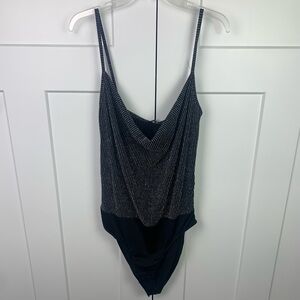 NWT Long Tall Sally Bodysuit 14 XL Black Silver Sparkle Metallic Date Night Part